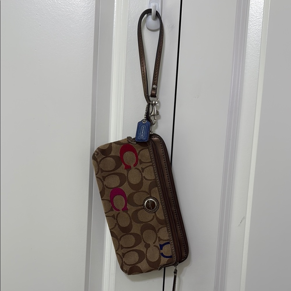 Coach Brown Canvas Wristlet with Multicolor Accents